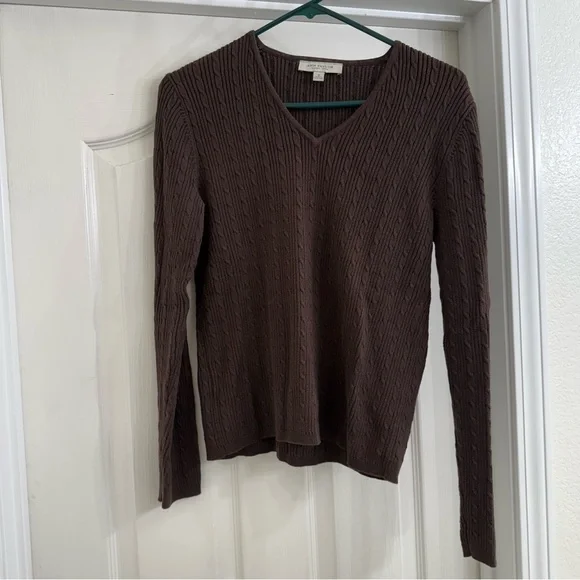 Ann Taylor Factory Chocolate Brown V-Neck Cable Knit Sweater Size M Medium - Picture 1 of 6